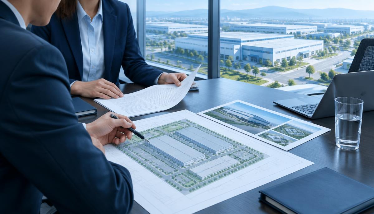 Illustration of business representatives reviewing industrial property lease documents and site plans