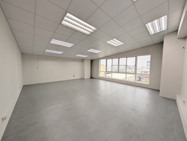 Alliance Park Zone B, Floor 4 upper-level partitioned room with large windows providing natural light and distant views of the Phase 7 district, suitable for a senior executive’s office
